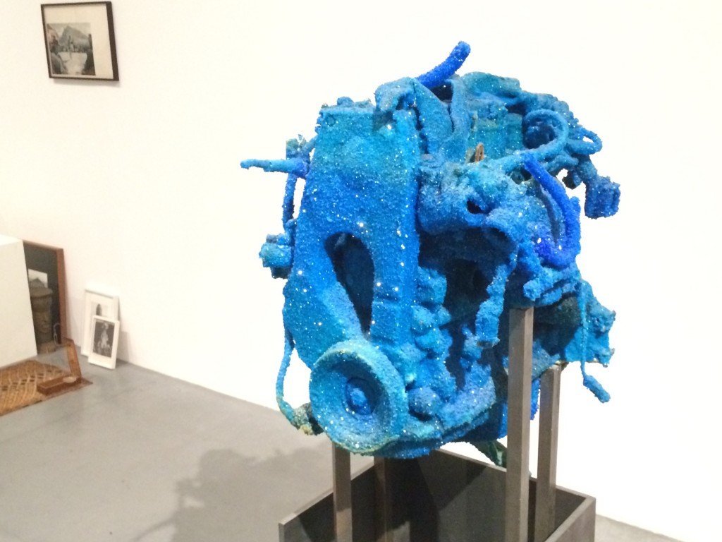 Roger Harris: Engine, steel and blue crystals grown from copper sulphate powder 
