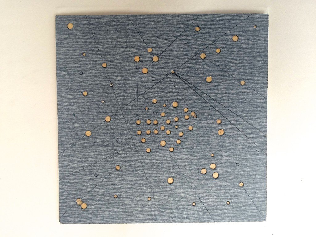 Six by Six by Eleven: birch plywood printing plate with stuck glass paper with holes